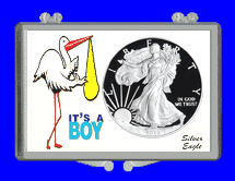 .gif of a silver eagle dollar coin holder for the new born with a stork