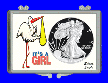 .gif of a silver eagle dollar coin holder for the new born with a stork