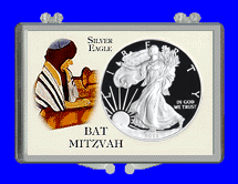 .gif of a 3x2 coin holder for a silver eagle dollar - bat mitzvah design