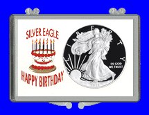 .gif of a 3x2 coin holder for a silver eagle dollar - happy birthday cake design