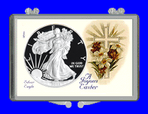 .gif of a 3x2 coin holder for a silver eagle dollar - easter cross with lilies design