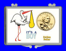 .gif of a 3x2 coin holder for a sacahawea dollar - it's a boy stork