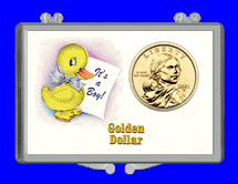 .gif of a 3x2 coin holder for a sacahawea dollar - it's a bioy duck theme