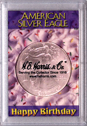 .gif of a perma lock coin holder by H. . harris titled Happy Birthday for a silver eagle dollar